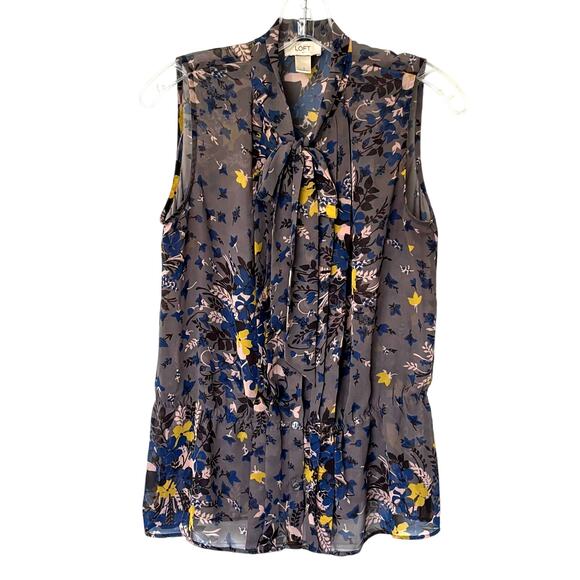 Loft Wms S Sheer Gray Floral Sleeveless Peplum Blouse Dark Cottagecore Summer - Picture 1 of 11